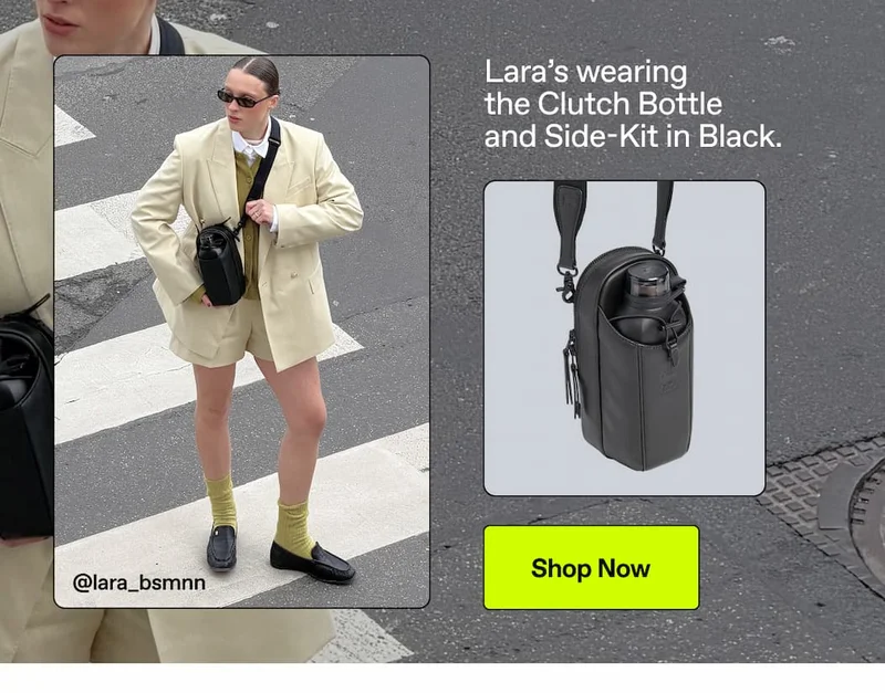 Lara's wearing the Clutch Bottle and Side-Kit in Black. Shop Now.