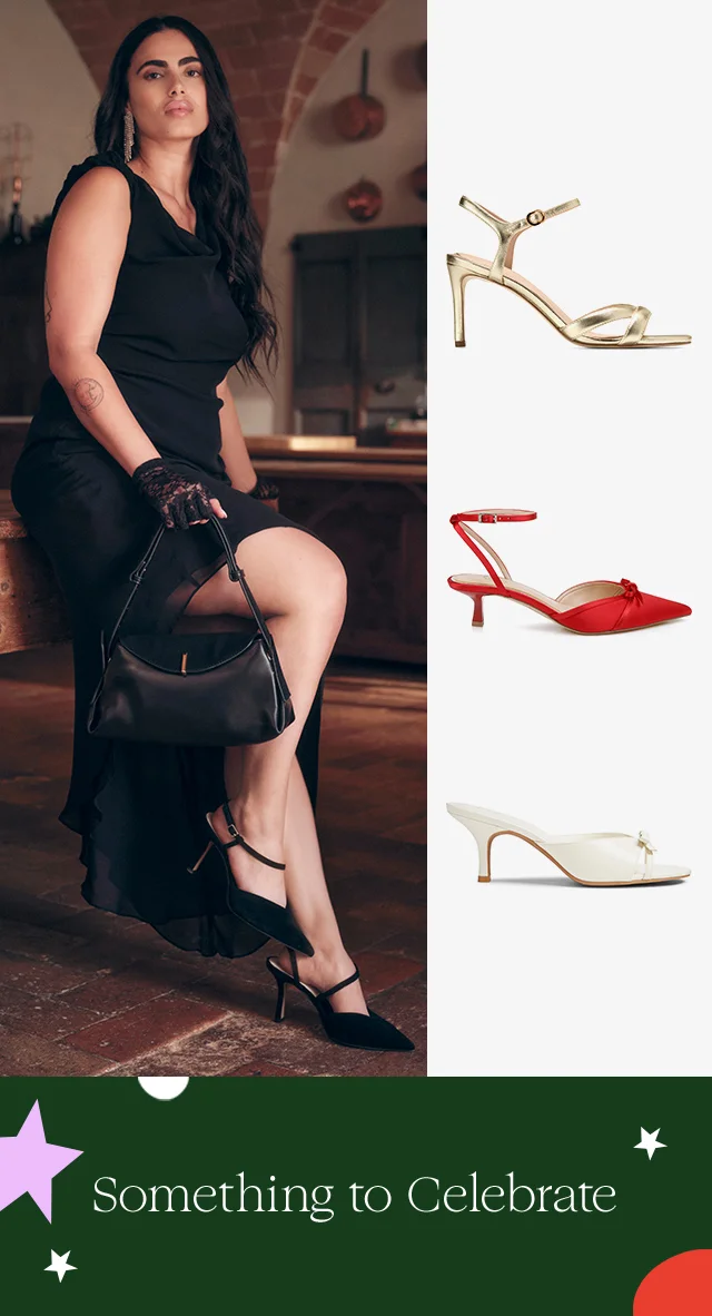 A woman wearing pointed-toe heels with a little black dress. A gold sandal, white sandal and red pump.