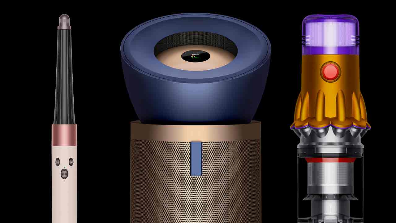 A selection of Dyson machines, including air purifiers, floor cleaners and hair styling tools.