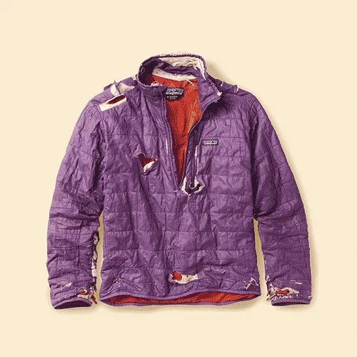 A GIF of a torn Nano Puff Jacket turning into a patched up jacket.