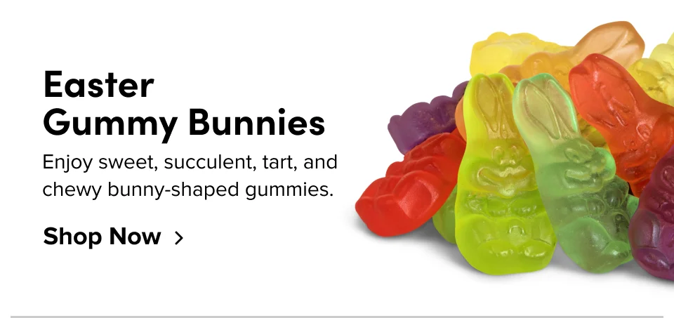 Easter  Gummy Bunnies Enjoy sweet, succulent, tart, and chewy bunny-shaped gummies. Shop Now