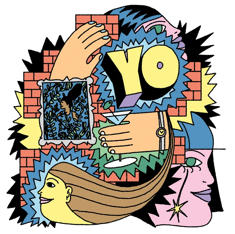 Cartoon illustration of faces, hands, and Brooklyn Museum’s “YO” sculpture