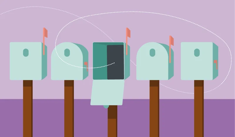 Graphic of 
five mailboxes with the middle mailbox open