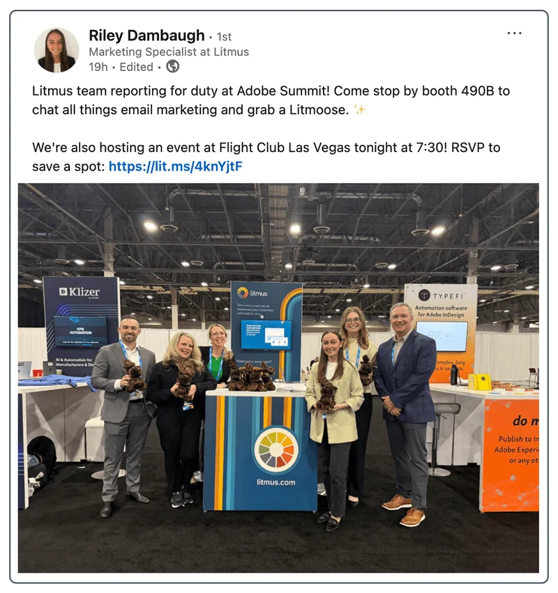 Riley Dambaugh's LinkedIn post, featuring five individuals from the Litmus team standing at a booth during Adobe Summit, holding Litmoose and smiling. The booth features a blue and orange color theme with the Litmus logo prominently displayed.