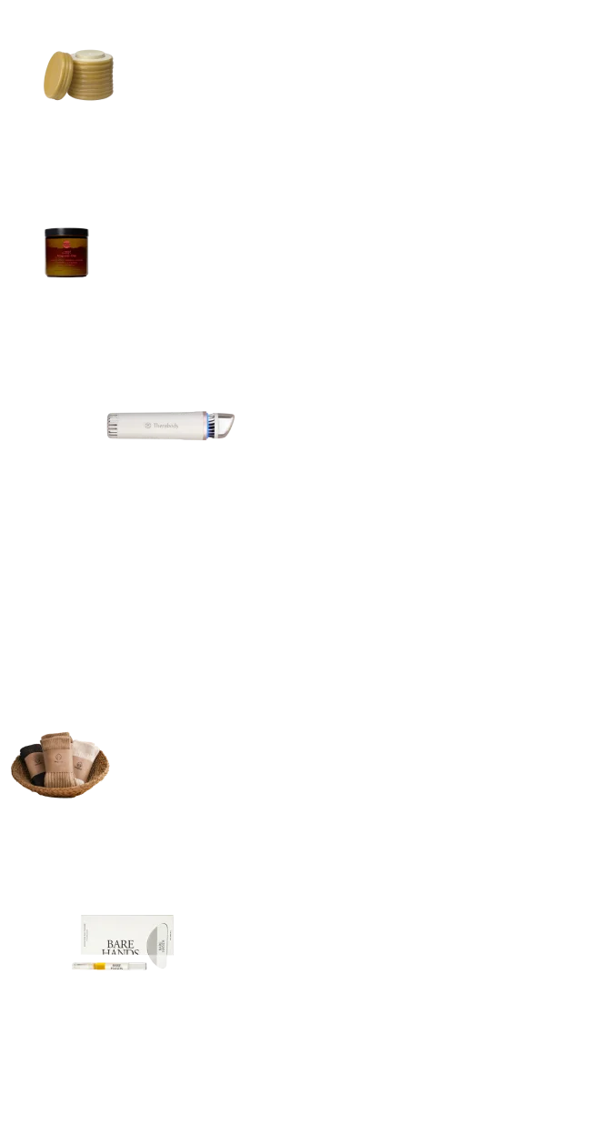 “Theraplush (of course, loving the new ‘Hold’ version, $62) is an instant upgrade to any nightstand, Moon Juice Sleepy Magnesi-Om to help wind down at night, for a relaxing routine at bedtime wrap the Therbody Depuffing Wand. During the day it can depuff tired eyes but with the heat setting at night it product absorption. The coziest socks on the planet—literally named the Cloud Socks, and a calming ritual to do at night with those gorgeous hands—I love the Bare Hands Dry Gloss manicure set and what better way to show off gorgeous hands than a fresh manicure.”