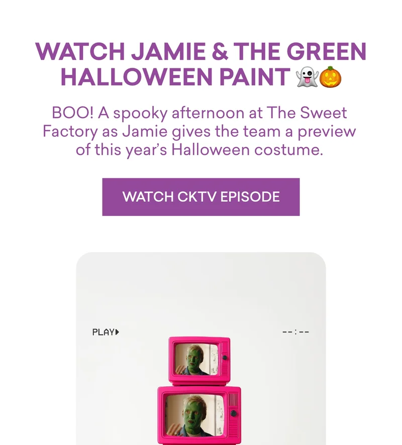 Watch Jamie & the Green Halloween Paint 👻🎃  BOO! A spooky afternoon at The Sweet Factory as Jamie gives the team a preview of this year’s Halloween costume.