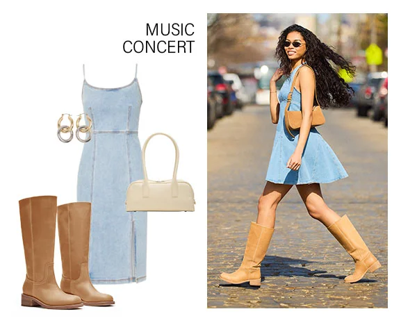 Music Concert - Giselle Denim Dress, Anise Bag, Riggs Boot, Two Tone Hoop Earring