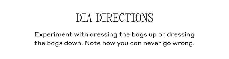 DIA DIRECTIONS Experiment with dressing the bags up or dressing the bags down. Note how you can never go wrong.
