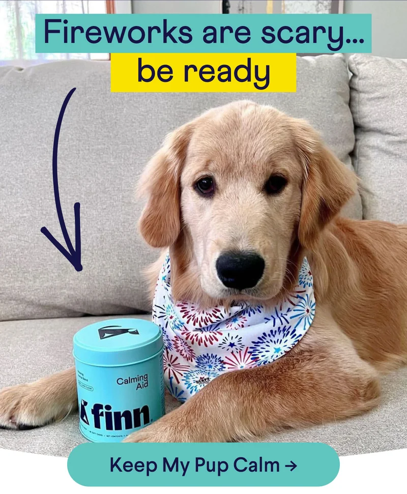 Picture of wearing a bandana with a fireworks pattern next to a tin of Calming Aid. Header reads "Fireworks are scary...be ready" Button reads "keep my pup calm"