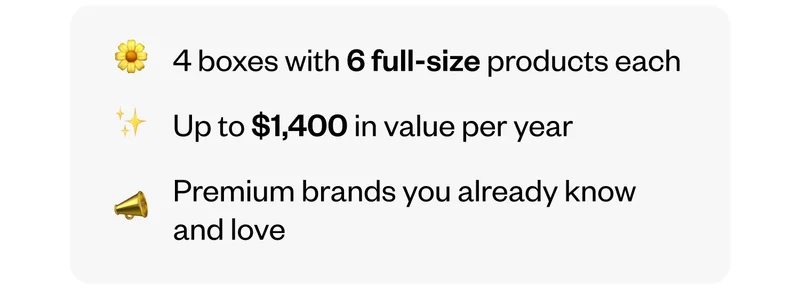 4 boxes with 6 full-size products each | Up to $1,400 in value per year | Premium brands you already know and love