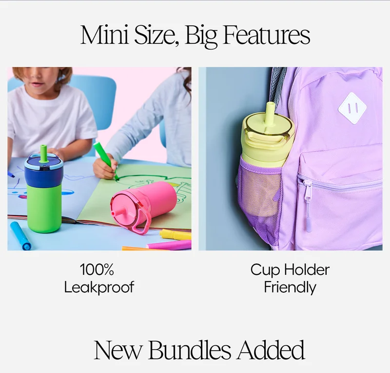 Mini Size, Big Features, 100% Leakproof + Cup Holder Friendly. Available In Limited-Edition Prints