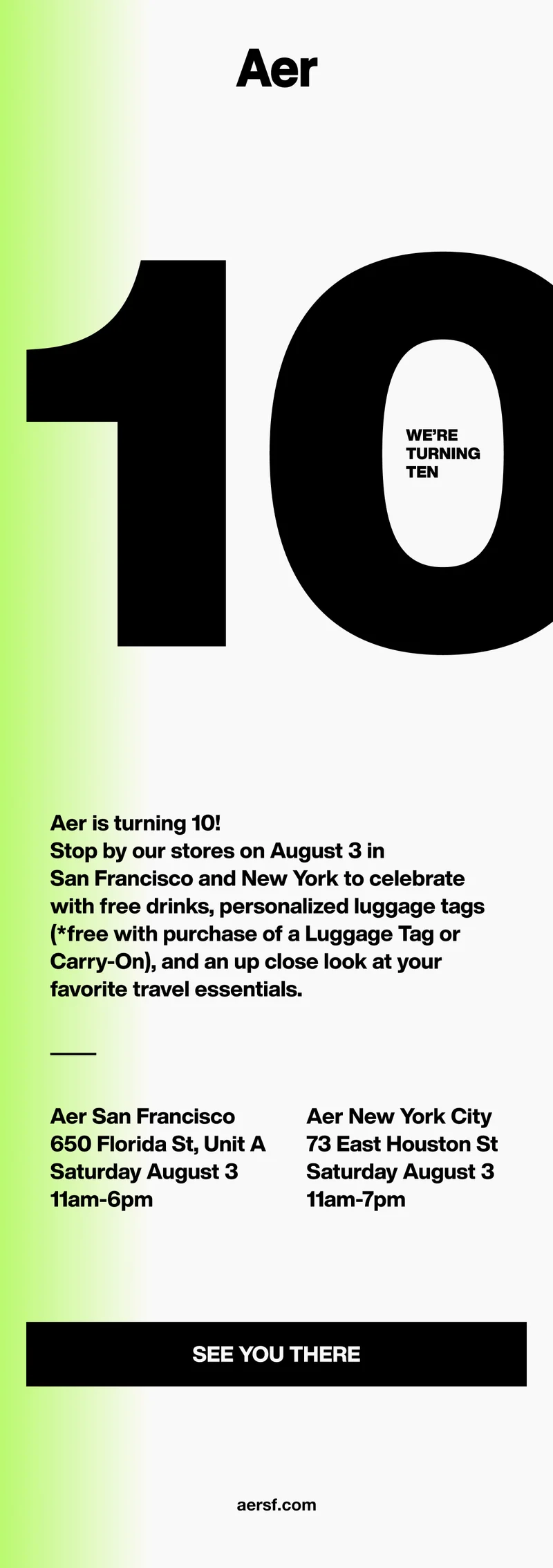 Graphic invitation for Aer's 10th anniversary