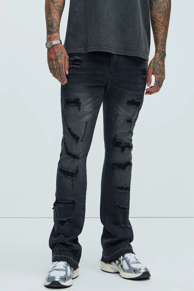 Image of Through It Ripped Skinny Flared Jeans - Black Wash