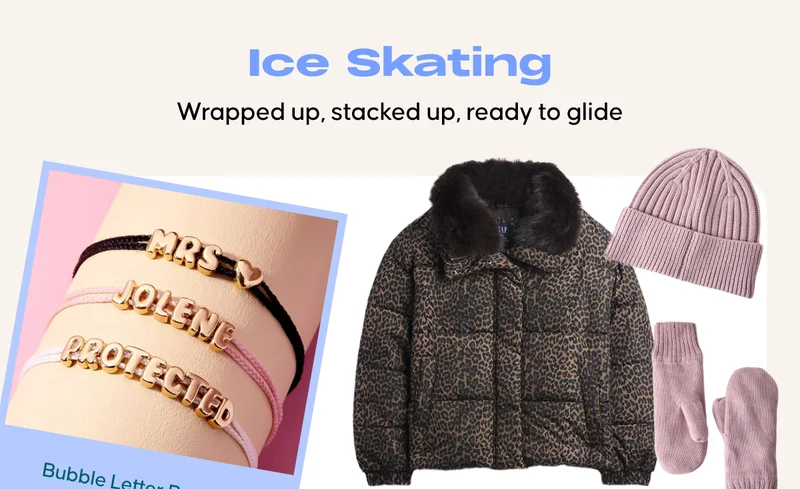 Ice Skating. Wrapped up, stacked up, ready to glide. Bubble Letter Bracelet