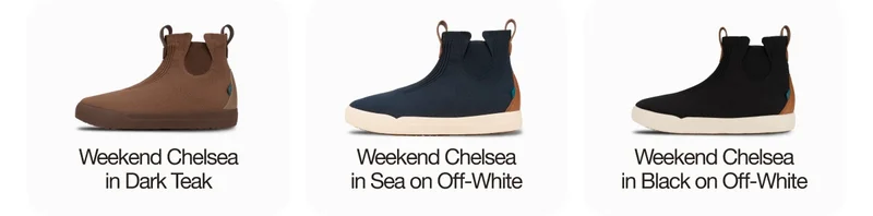 Weekend Chelsea in Dark Teak, Sea on Off-White, and Black on Off-White.