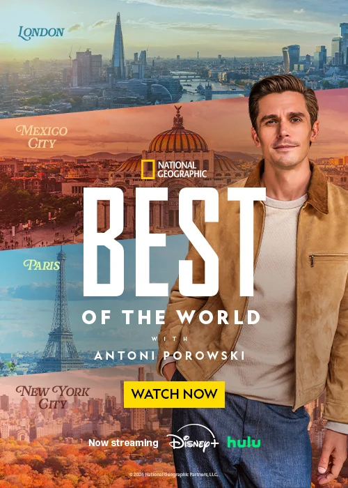 A promotional poster for a travel show featuring Antoni Porowski. A promotional poster for a travel show featuring Antoni Porowski.