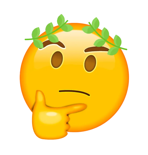 A thinking face emoji with a crown of olive leaves