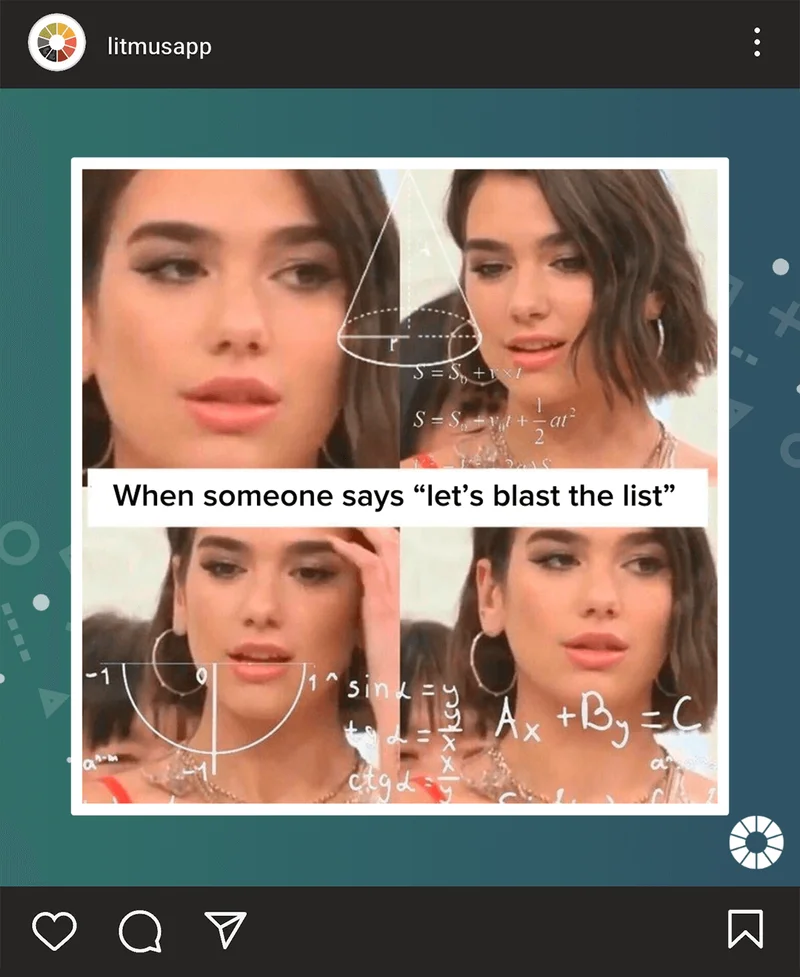Four images of Dua Lipa very confused with the words 'When someone says 'let's blast the list'