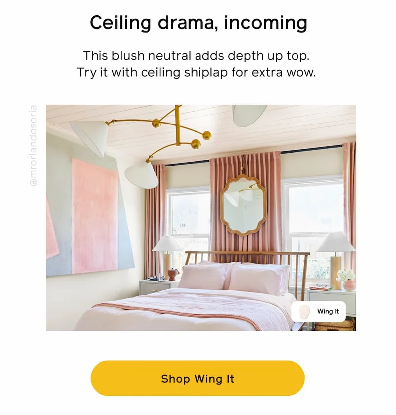 Ceiling drama, incoming. This blush neutral adds depth up top. Try it with ceiling shiplap for extra wow. Shop Wing It