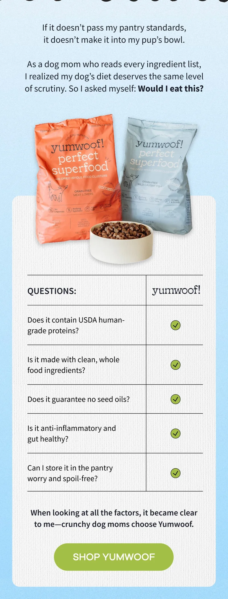 If it doesn’t pass my pantry standards, it doesn’t make it into my pup’s bowl.  As a dog mom who reads every ingredient list, I realized my dog’s diet deserves the same level of scrutiny. So I asked myself: Would I eat this? | Does it contain USDA human-grade proteins? | Is it made with clean, whole food ingredients? | Does it guarantee no seed oils? | Is it anti-inflammatory and gut healthy? | Can I store it in the pantry worry and spoil-free? | When looking at all the factors, it became clear to me—crunchy dog moms choose Yumwoof. | SHOP YUMWOOF