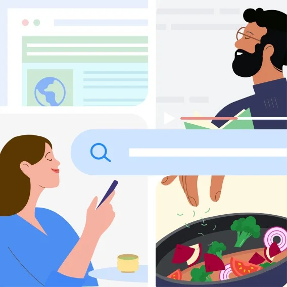 An illustration of two people by a search bar