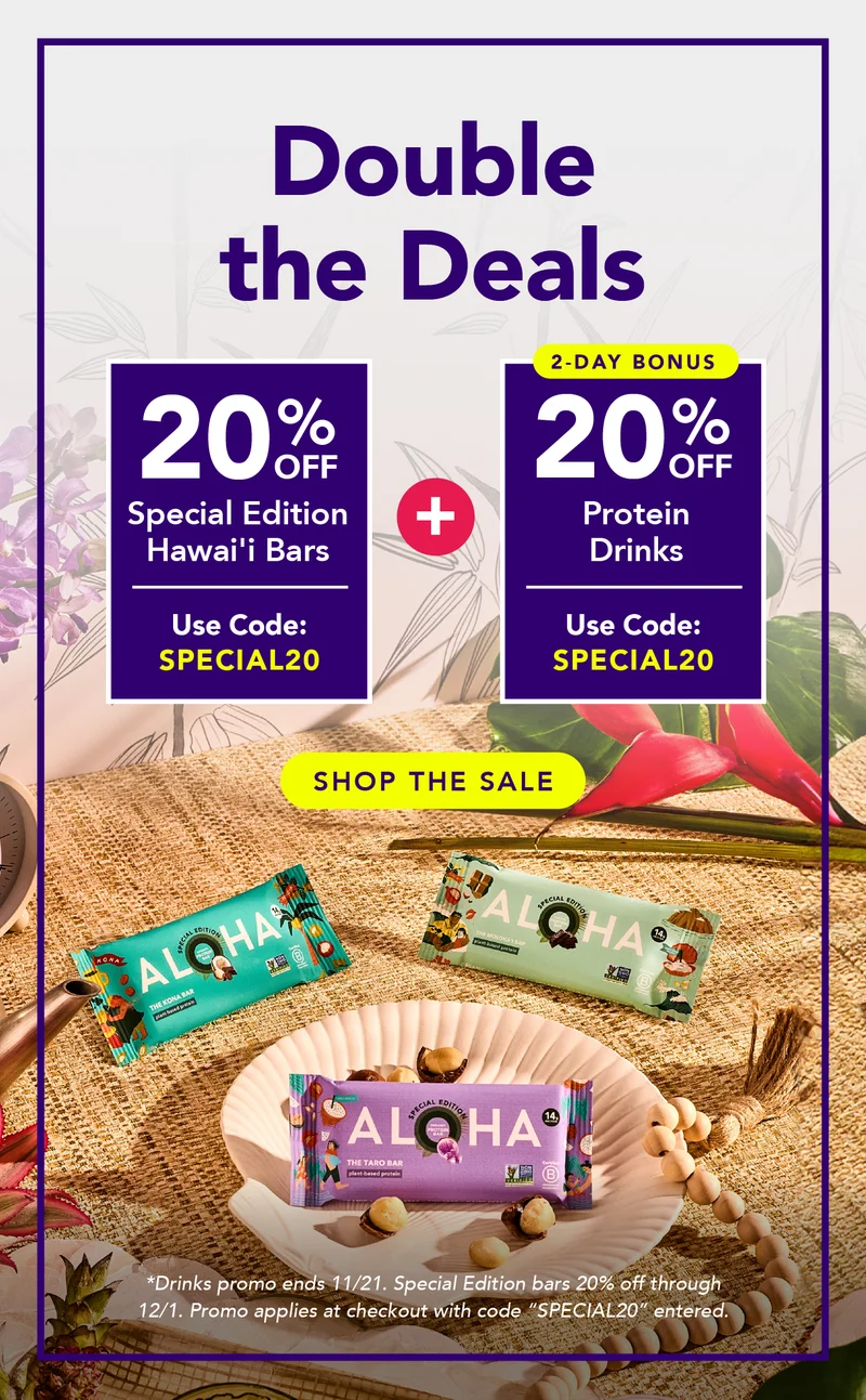 Get 20% off Special Edition bars and Protein Drinks with code SPECIAL20! Drinks deal ends 11/21, Special edition bars 20% off through 12/1. Promo applies at checkout with code SPECIAL20 entered