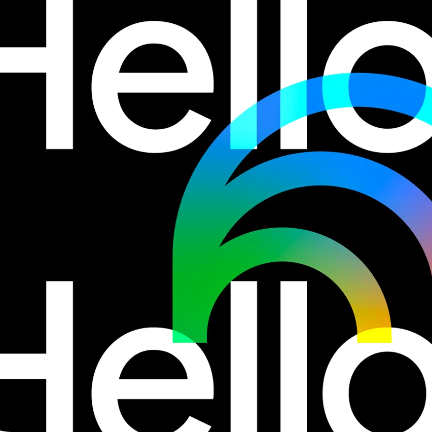 Bold white 'Hello' text repeated on a black background, overlaid with translucent, overlapping arcs in a blue, green, and yellow color gradient.