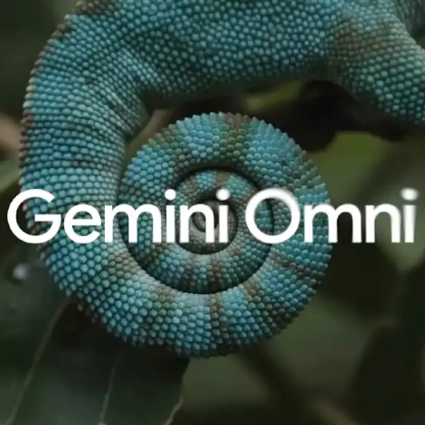 Close-up of a turquoise chameleon's scaly tail tightly curled into a spiral, with the white text 'Gemini Omni' overlaid in the center.