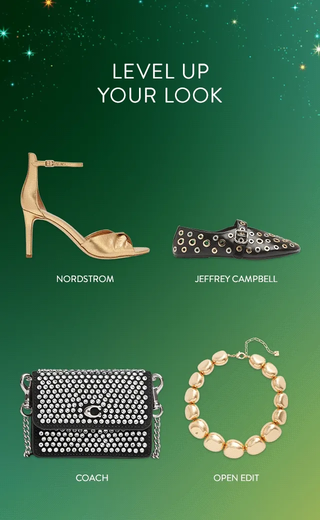 A gold sandal, crystal-studded wallet on a chain, grommet-studded flat and chunky goldtone necklace.