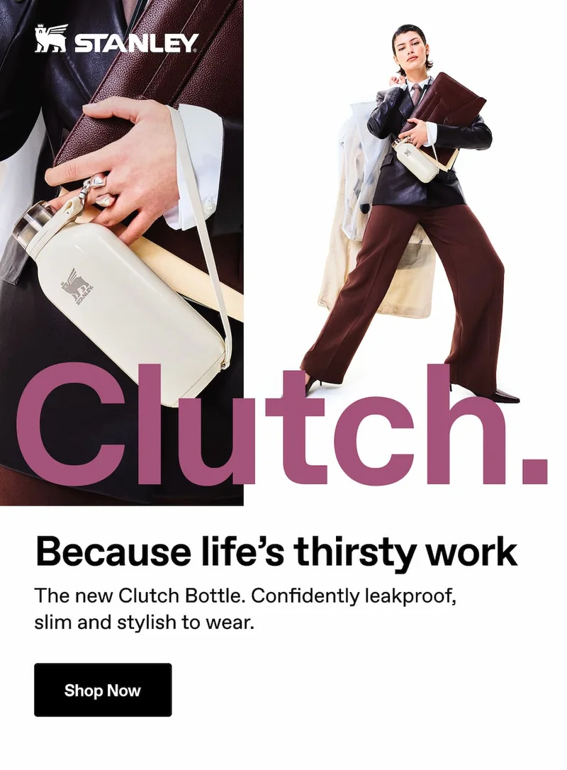 Clutch. Because life's thristy work. The new Clutch Bottle. Confidently leakproof, slim and stylish to wear. Shop Now.