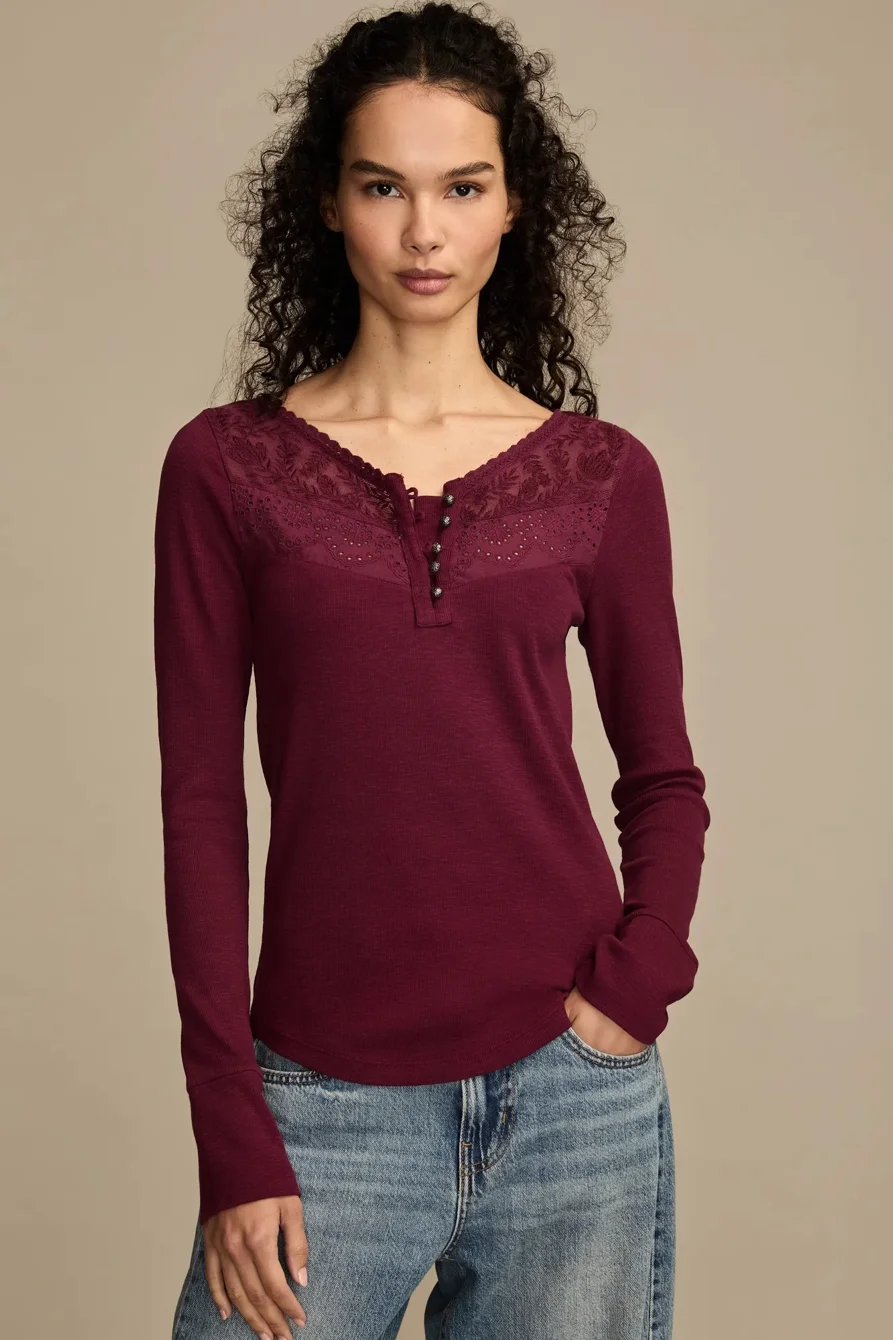 Image of Lucky Brand Lace Yoke Henley - Women's Clothing Tops Tees Henley Shirt in Rose Smoke