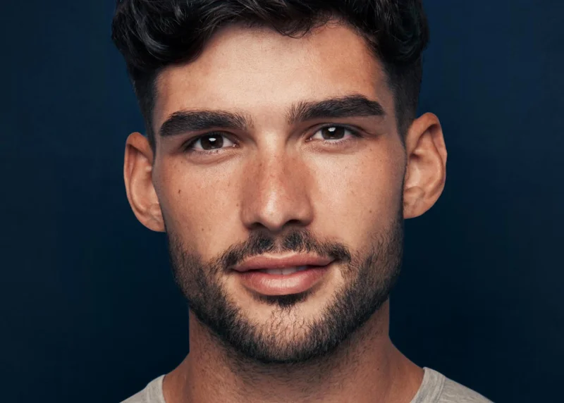 Young man with short dark hair and a trimmed beard smiling gently