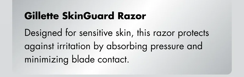 Gillette SkinGuard Razor: Designed for sensitive skin, this razor protects against irritation by absorbing pressure and minimizing blade contact.