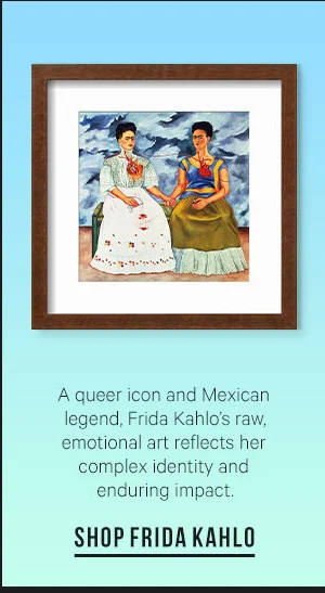 A queer icon and Mexican legend, Frida Kahlo’s raw, emotional art reflects her complex identity and enduring impact: SHOP FRIDA KAHLO