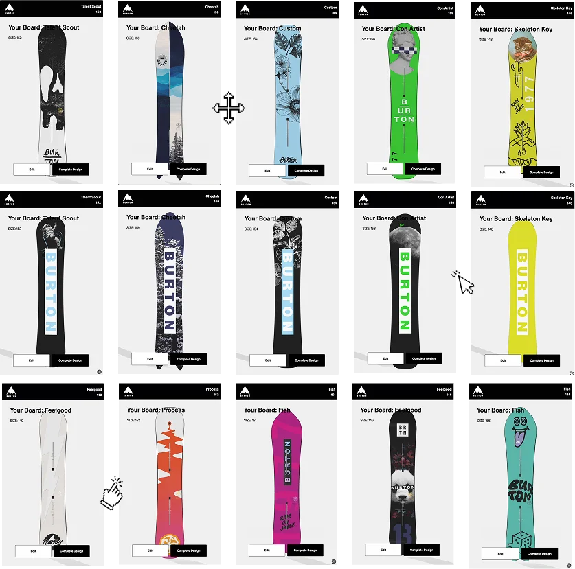 Screenshot of the different boards available to purchase on the Custom Board Shop