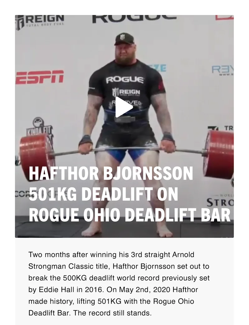 Hafthor Bjornsson - 501KG Deadlift on Rogue Ohio Deadlift Bar