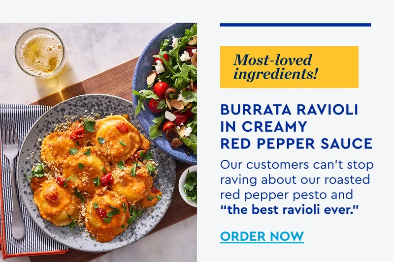 Most loved ingredients! Burrato Ravioli in Red Pepper Cream Sauce - Our customers can't stop raving about our roasted red pepper pesto and the best ravioli ever. | ORDER NOW