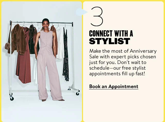 Connect with a stylist. A woman in front of a rack of clothes.