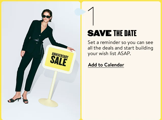 Save the date. A woman next to an Anniversary Sale sign.