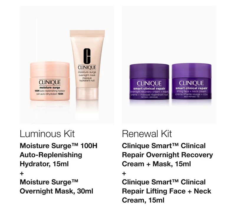 Luminous Kit | Moisture Surge™ 100H Auto-Replenishing Hydrator, 15ml + Moisture Surge™ Overnight Mask, 30ml | Renewal Kit | Clinique Smart™ Clinical Repair Overnight Recovery Cream + Mask, 15ml + Clinique Smart™ Clinical Repair Lifting Face + Neck Cream, 15ml
