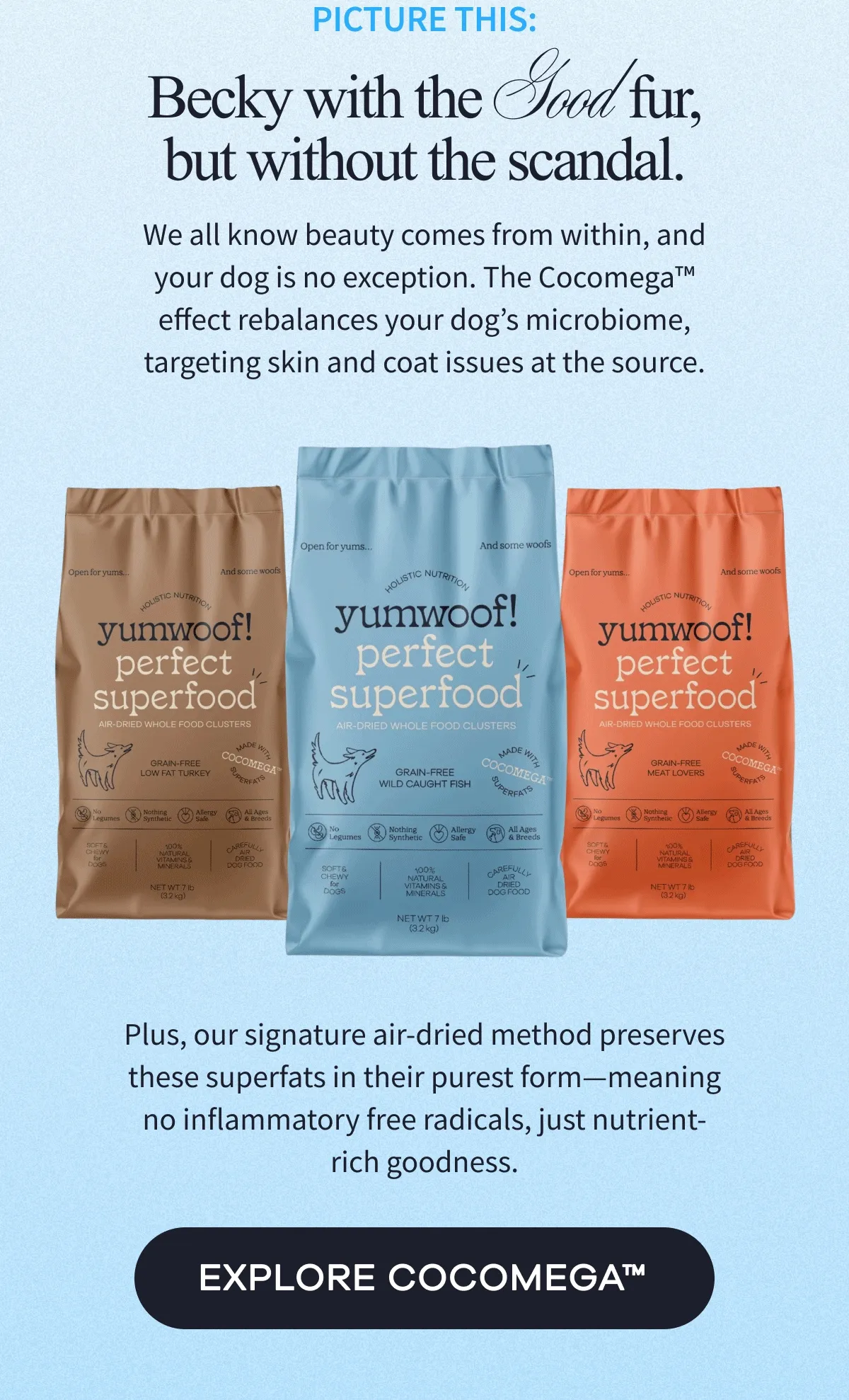 Picture this: Becky with the  Good fur, but without the scandal. | We all know beauty comes from within, and your dog is no exception. The Cocomega™ effect rebalances your dog’s microbiome, targeting skin and coat issues at the source. Plus, our signature air-dried method preserves these superfats in their purest form—meaning no inflammatory free radicals, just nutrient-rich goodness. | EXPLORE COCOMEGA™