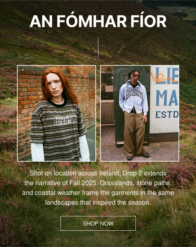 AN FÓMHAR FÍOR | Shot on location across Ireland, Drop 2 extends the narrative of Fall 2025. Grasslands, stone paths, and coastal weather frame the garments in the same landscapes that inspired the season. | SHOP NOW