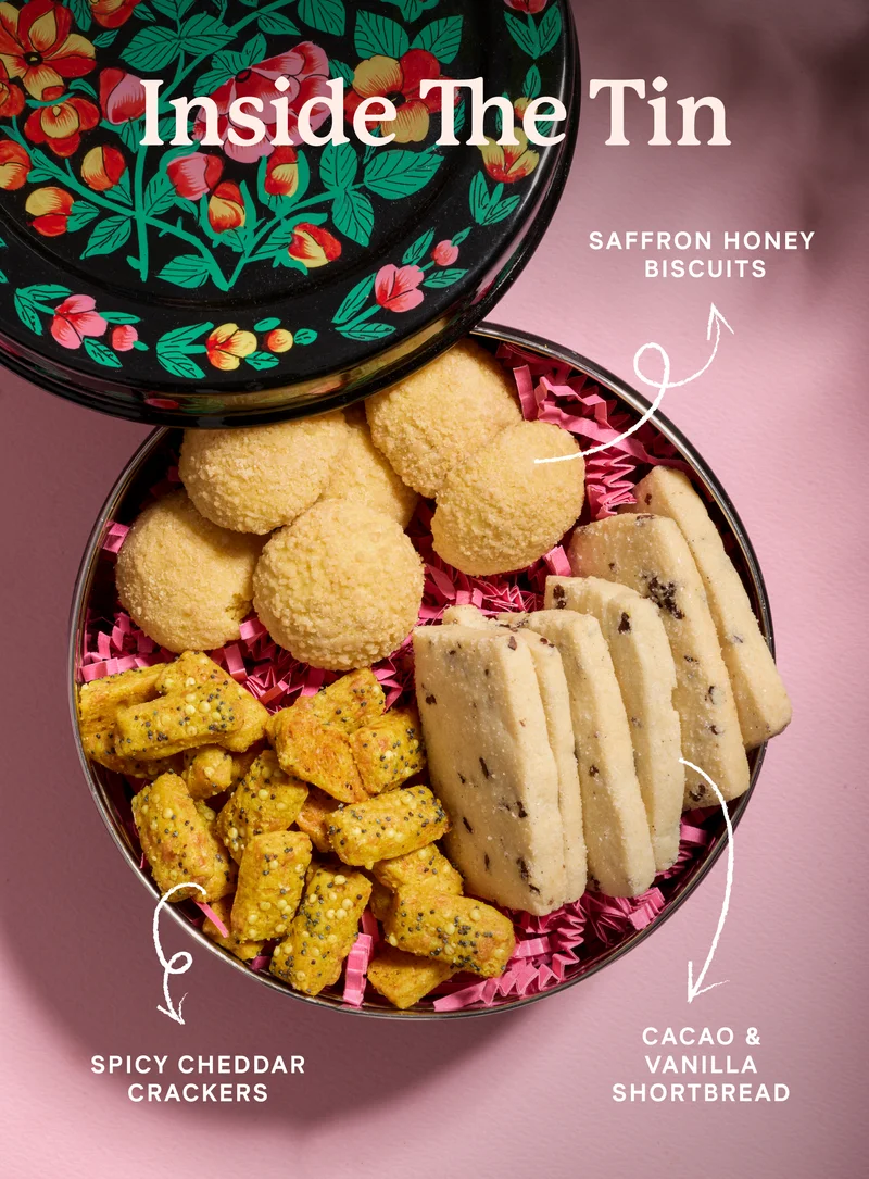 Inside The Tin: Saffron Honey Biscuits, Cacao & Vanilla Shortbread, Spicy Cheddar Crackers