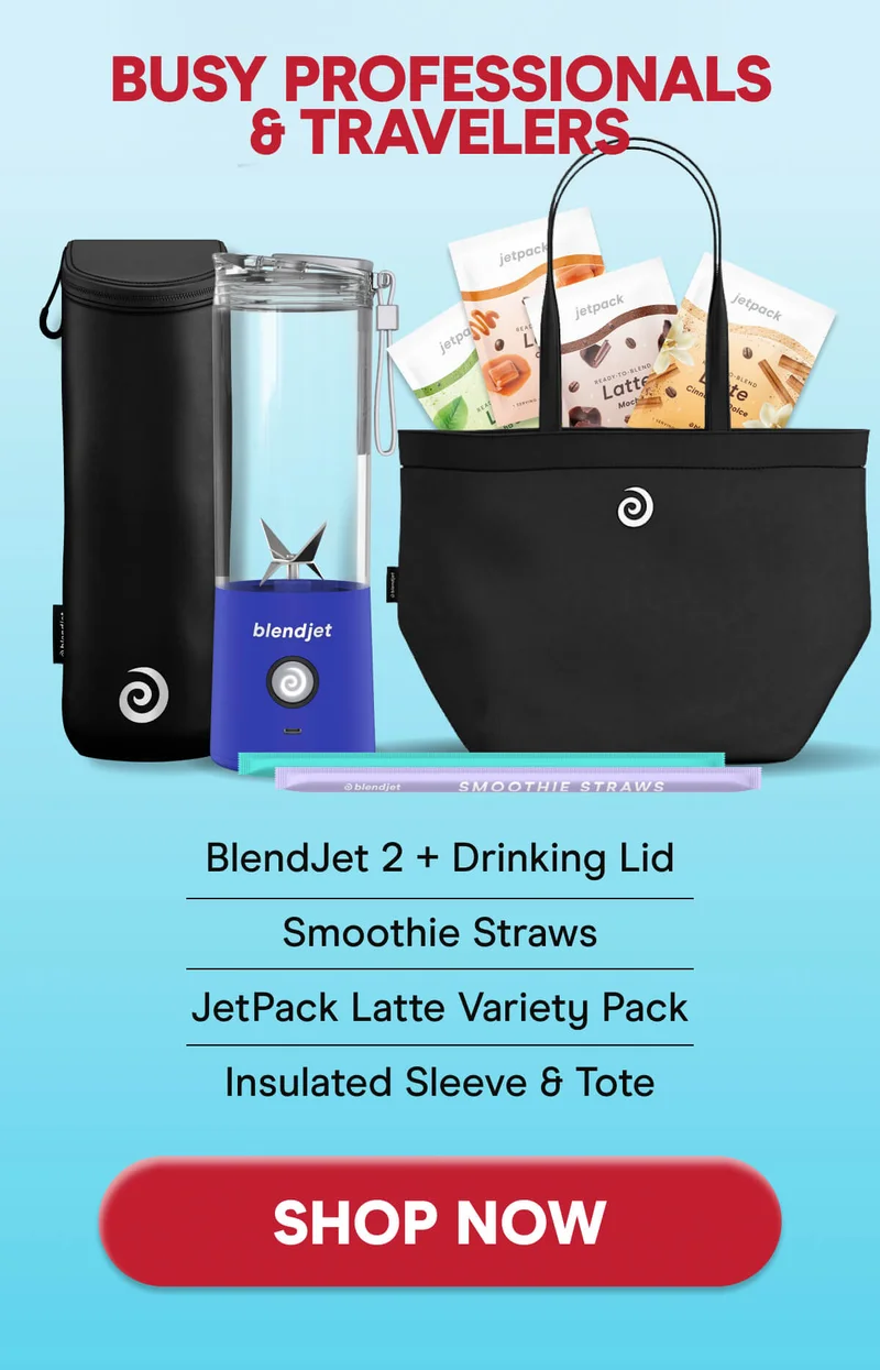 BUSY PROFESSIONALS & TRAVELERS BlendJet 2 + Drinking Lid Smoothie Straws JetPack Latte Variety Pack Insulated Sleeve & Tote