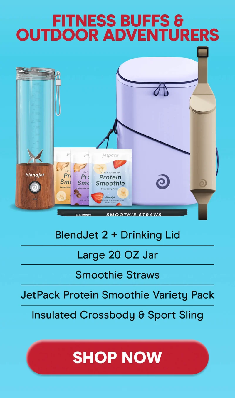 FITNESS BUFFS & OUTDOOR ADVENTURERS BlendJet 2 + Drinking Lid Large 20 OZ Jar Smoothie Straws JetPack Protein Smoothie Variety Pack Insulated Crossbody & Sport Sling