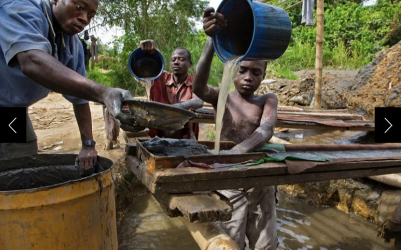 Manpower at an improvised mine in Ghana includes a 13-year-old boy put to work sluicing for gold. Large mining firms control just 4 percent of Ghana's territory, but a landgrab by those firms evicted thousands of villagers from their homes, forcing many to survive by poaching gold. Illegal mining produces 25 percent of the world's gold.