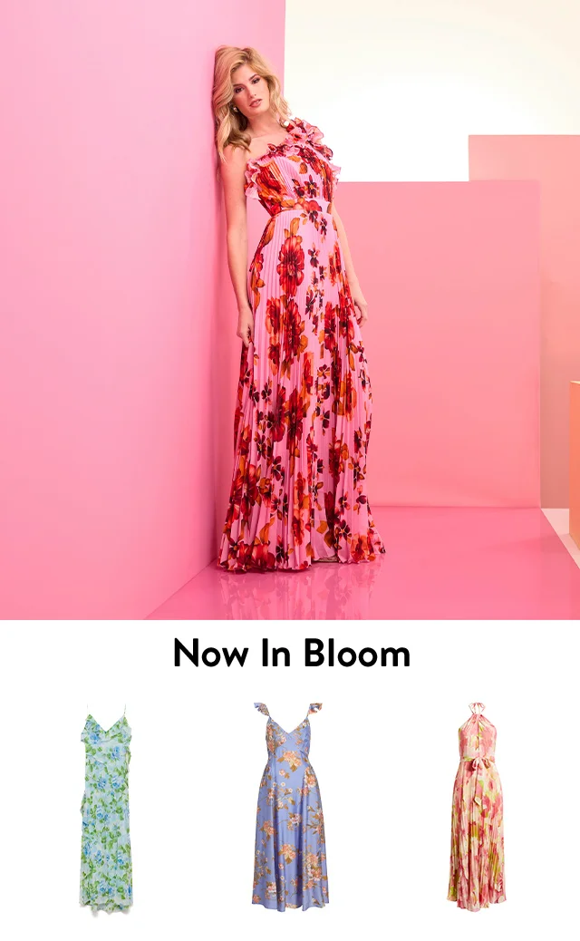 A woman wearing a floral-print pleated maxi dress. A floral-print ruffled slipdress; a floral-print dress with flutter sleeves; a floral-print chiffon halter dress.