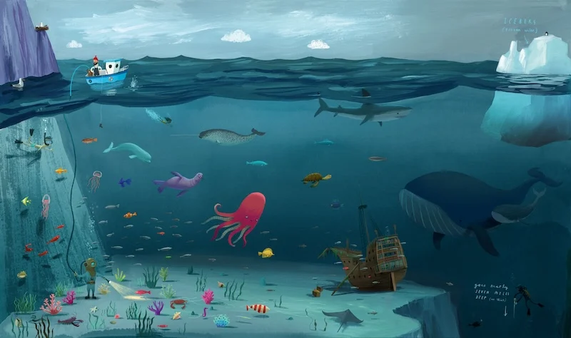 An illustration of sea creatures in the ocean