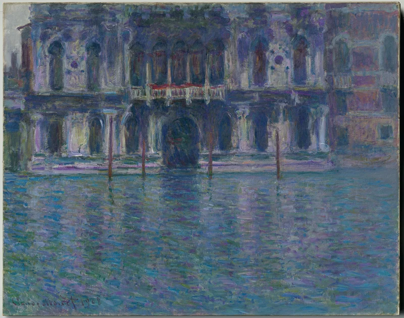An Impressionist painting of a building with water in front of it