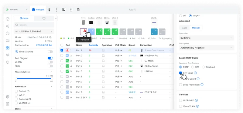 Switch port settings now support STP Edge mode, helping tame troublesome IoT devices at the network edge.